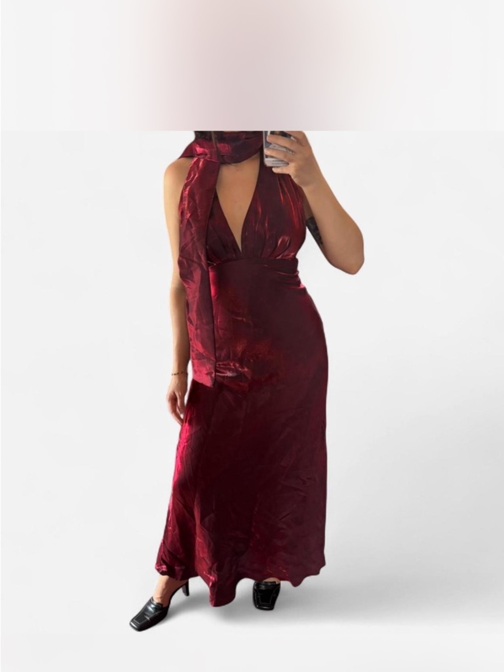 Vintage USA Prom Dress Deep Red Halter Maxi Dress with Scarf Detail